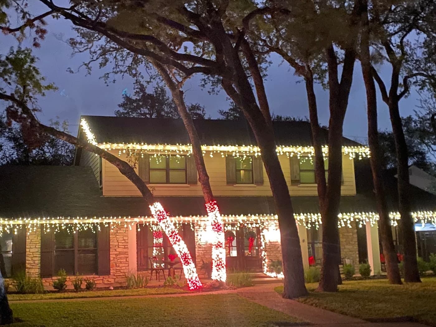 A two-story home with icicle lights along every roofline and two leaning oak trunks wrapped candy-cane style in red and white