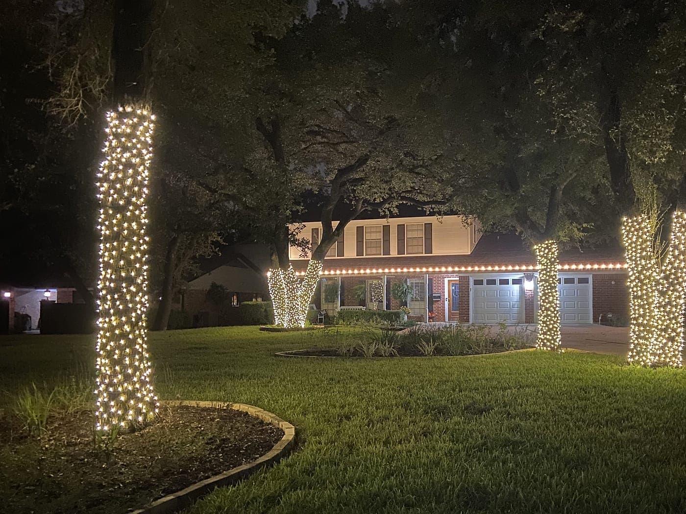 Four trees with trunks wrapped in warm white lights across a front lawn, with a lit two-story roofline behind