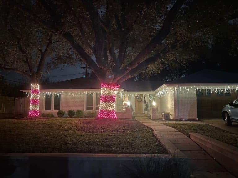 Icicle roofline with colored tree accent lighting