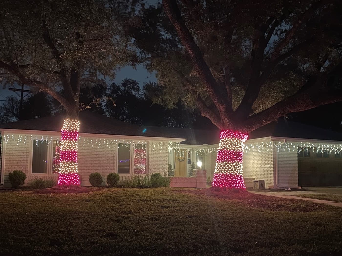 A single-story brick home with an icicle roofline across the house and garage, and two tree trunks wrapped candy-cane style