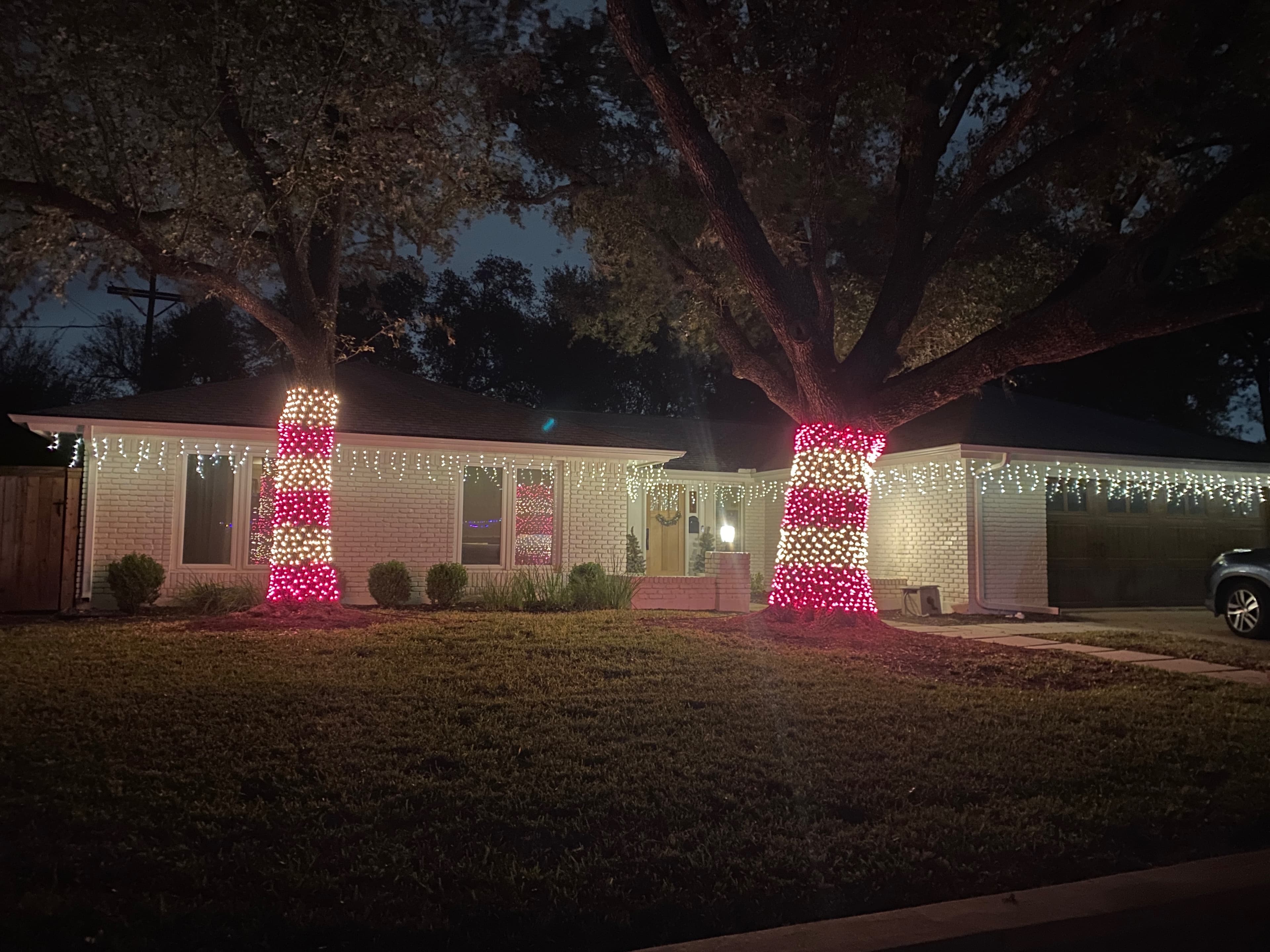 Home with two trees wrapped in red-and-white candy-cane-style lights